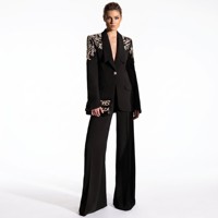 Costume pantalon de luxe noir en velours anti-plis et respirant pour femme, avec broderie dorée, blazer à bouton unique, coupe large, personnalisable OEM/ODM