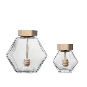 KDG Marca Cristalería Hexagon Flint Glass Honey Jar con tapa de bambú Stir 100mL 280ml 380Ml Frascos de vidrio para miel al por mayor