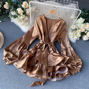 Nuovo stile primavera <span class=keywords><strong>donna</strong></span> francese abito Vintage da <span class=keywords><strong>donna</strong></span> elegante da sera primavera scollo a V manica sottile con volant abiti da vacanza - Product Image 4