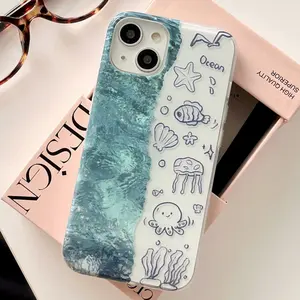 High Quality IMD Protective Case for iPhone 15 Cell Phone 14 Pro Max Blue Sea Pattern 13 12 Marine Animals Hard Back Covers