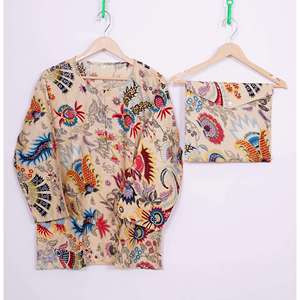 Ensemble pyjama 2 pièces en satin 100% coton, imprimé numérique fait main, taille élastique, respirant, motif lettres, manches longues, automne - Product Image 1