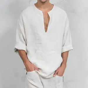 男式春季衬衫宽松的沙滩夏威夷纯棉亚麻纯色长袖v领白色衬衫上衣2021