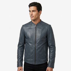 Chaqueta de Cuero Azul Auténtico para Hombre, Corte Ajustado, Estilo Café Racer, Motociclista, Piel de Vacuno, Cuello sin Solapa, Personalizada, Clásica, Cálida para Invierno - Product Image 1