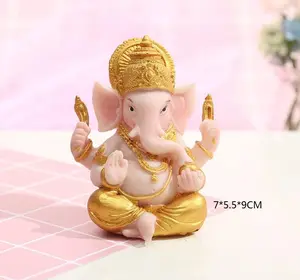 뜨거운 판매 바 카운터 인도 코끼리 하나님 앉아 수지 귀여운 핑크 코끼리 트렁크 GANESH 사원 장식 사무실 테이블 장식