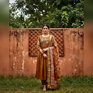 Conjunto de Kurti Floral Bordado Tradicional para Mujer con Chal de Chifón, Ropa Casual de Algodón, Atuendo de Primavera/Verano, Estilo India/Pakistán - Product Image 3