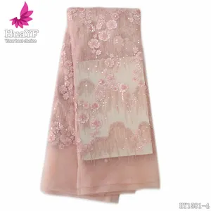 HY1581-4 Pink 3D satin flower tulle lace with beads lace mesh sequins fabrics for wedding dress