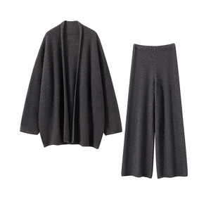 WS13 <strong>Women's</strong> Solid Cashmere Suit Set Slimming Knit Sweater Cardigan Casual Pants Wide-leg Loungewear Set Breathable - Product Image 2
