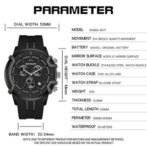 Reloj de Cuarzo de Lujo para Hombre Sanda 9017, Cronógrafo de Negocios Resistente al Agua con Seis Agujas, Calendario y Esfera Luminosa - Product Image 2