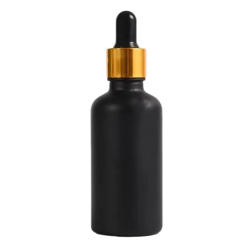 Cheap price Round 20ml 30ml 50ml frosted black refined oil glass essence dropper bottle spiral mouth serum bottle with gold lid