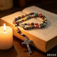 Chapelet de Saint Benoît multicolore en perles de bois sculptées, collier de prière catholique, bijoux religieux avec croix, idéal pour un cadeau