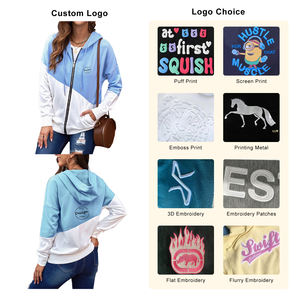 Sweat à capuche éponge d'hiver personnalisé pour femmes fermeture éclair complète épaule tombante Patchwork conception impression 3D en relief avant coton tricoté à capuche - Product Image 3