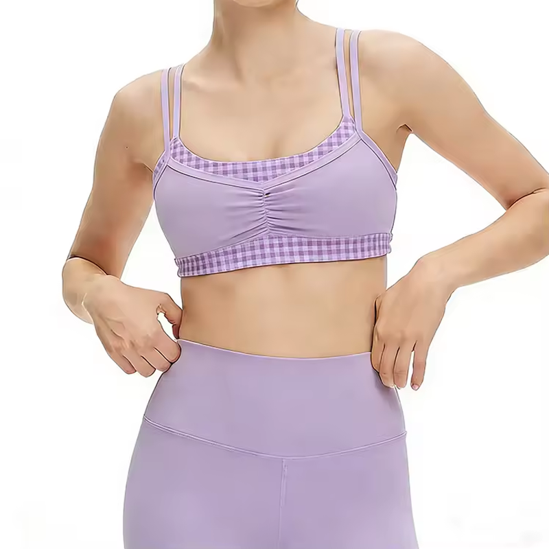 Double Layer 2 in 1 Yoga Workout Bras Fashion Checkered Pattern Sports Bra Contrast Color Crop Tank Top Women