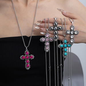 В западном стиле длинная цепочка бирюзовый камень крест очарование Кончо кулон ожерелье - Product Image 3