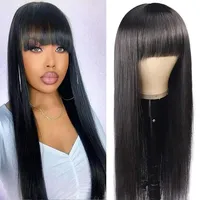 Perruque fabriquée à la machine sans dentelle, dentelle transparente, 10-26 pouces, perruque lisse avec frange, densité 210%, cheveux humains brésiliens, pour femmes noires