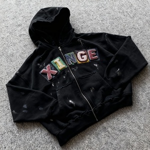 Sudadera con capucha personalizada estilo urbano 2026, diseño desgastado, vintage, con bordado 3D, para hombre, corte holgado, con cremallera, lavado ácido - Product Image 2