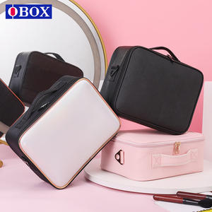 Bolsa de cosméticos QBOX, estuche de maquillaje portátil de gran capacidad con espejo y luz, mango suave de color sólido para uso diario - Product Image 1