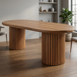 Modern Teak <b>Wood</b> Oval <b>Dining</b> <b>Table</b> with Double Fluted Pedestal Base - Product Image 2