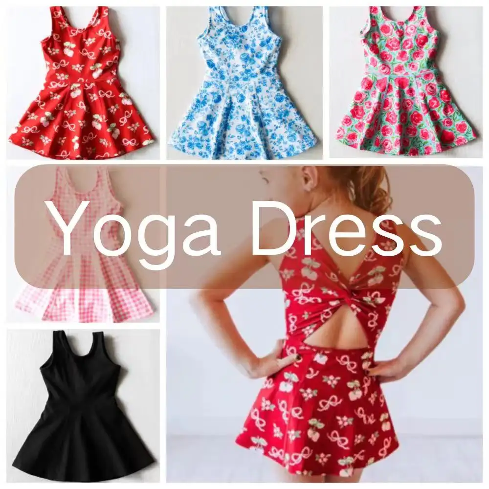 Wholesale Girls Flower Printed Children Athletic Wear Teenager Fitness Yoga Training Dance 2in1 Dress For Kids