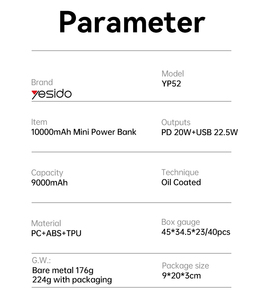 Yesido p52 pd 20w + usb 22.5w USB-C & USB-A טעינה מהירה <span class=keywords><strong>10000mah</strong></span> בנק כוח