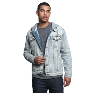 Customizable Light Wash Hooded <b>Men</b> <b>Denim</b> <b>Jacket</b> Ripped Jean Coat with Drawstring Hood Top Quality Suppliers Jean <b>Jackets</b> for <b>Men</b> - Product Image 1