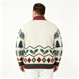 Cardigan da <span class=keywords><strong>Uomo</strong></span> Bianco con Motivi Natalizi, Bottoni e Cerniera, Lavorato a <span class=keywords><strong>Maglia</strong></span> Jacquard, ODM OEM - Product Image 2