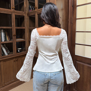 Blusa de punto transparente para mujer, corte ajustado, estilo crop, de manga larga, con encaje, cuello cuadrado, fruncido y con cordones, estilo dulce de verano - Product Image 5