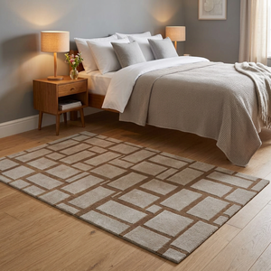 Tapis géométrique moderne rectangulaire beige et marron à motif quadrillé, à poils moyens, tufté, avec envers antidérapant en caoutchouc pour chambre à coucher et décoration intérieure - Product Image 2