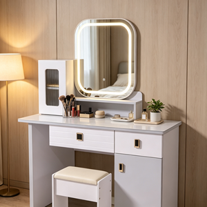 Modern Makeup Vanity <b>With</b> Lighted <b>Mirror</b> Storage <b>Drawers</b> Bedroom <b>Dressing</b> <b>Table</b> <b>With</b> Stool - Product Image 2