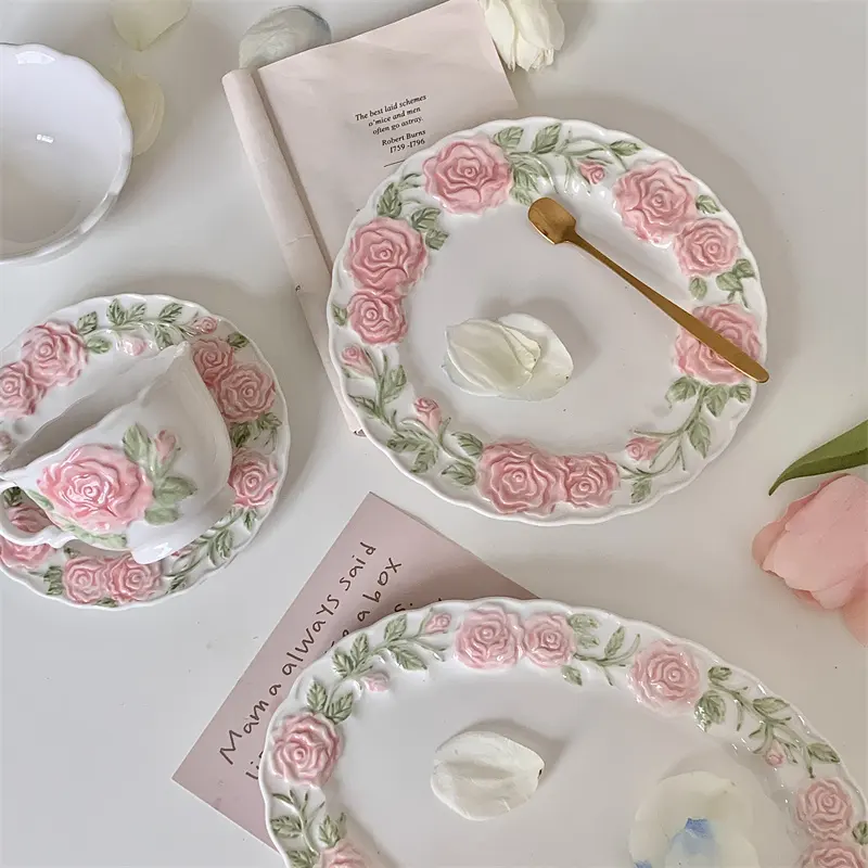 Solhui Ins set di piatti per la cena con rosa vivida in rilievo romantico ciotole tazze da caffè e piatti set di stoviglie