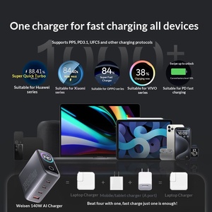 Caricatore GaN AI da 140W con Display Digitale, Adattatore Super Veloce per <span class=keywords><strong>iPhone</strong></span>, Tipo <span class=keywords><strong>C</strong></span>/USB-<span class=keywords><strong>C</strong></span> PD 110V US/EU/UK, Ricarica Intelligente - Product Image 3