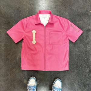 Özel Vintage sıkıntılı aplike nakış Pu deri gömlek yüksek kalite kısa kollu Hip Hop Pu deri gömlek erkekler için - Product Image 4
