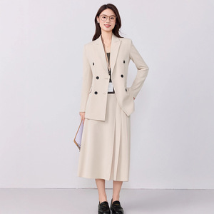 Women's Grey Suit Set Midi Skirt Double Breasted Office Lady Professional Formal Wear Anti-Wrinkle Polyester Fabric - Product Image 4