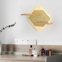 Luminária led minimalista para parede, carregamento sem fio, para quarto, área interna, dourada, de madeira, prateleira, iluminação de parede
