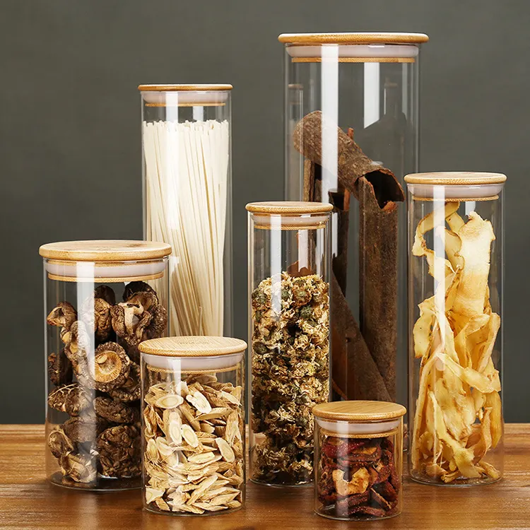 Bocaux hermétiques de stockage de céréales en verre borosilicate, lot de récipients hermétiques pour le stockage des aliments, avec couvercle en bambou