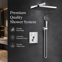 Kit de douche mural moderne carré chromé à deux fonctions avec robinet à main intégré, bouton de commande thermostatique et jet pluie