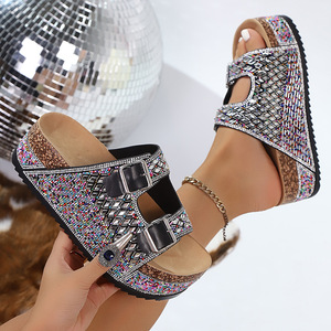 2025 New Arrival Women's Wedge Sandals Bling Colorful Rhinestone Upper Double <b>Strap</b> Thick Sole Comfortable - Product Image 3
