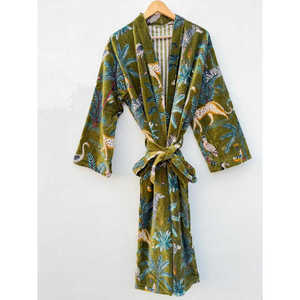 Veste longue bomber en velours vert jungle à imprimé animal pour femme, style bohème, avec ceinture, idéale pour l'hiver et la plage - Product Image 1