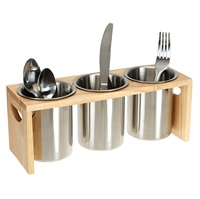 Porte-couverts, Organisateur d'ustensiles en acier inoxydable avec base en bois, Support à couverts pour cuillères, couteaux et fourchettes