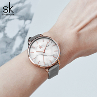 Montres-bracelets simples pour femmes SHENGKE avec cadran en marbre, montres vintage en PU/acier inoxydable, montres à quartz en cuir, en stock
