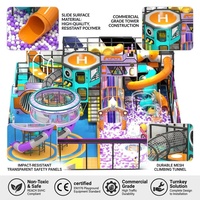 Equipo de juegos infantiles comerciales para interiores, directo de fábrica, con temática de estación espacial cyberpunk, helipuerto, torre, tobogán en espiral, piscina de bolas y malla.