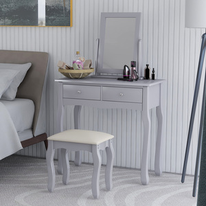 Juego de tocador minimalista con cajones y espejo, escritorio de maquillaje gris con taburete para dormitorio o área de vestidor - Product Image 3