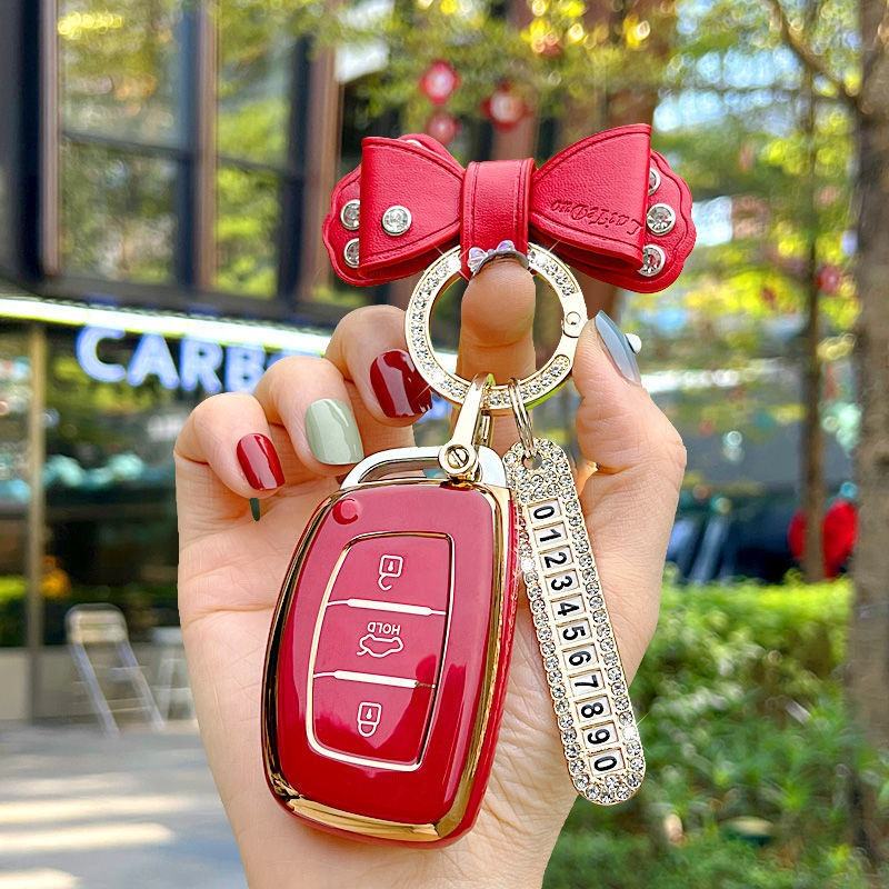 Kespevn For Hyundai Key Fob Cover 7 Button With Leather Keychain Soft TPU 360 Degree