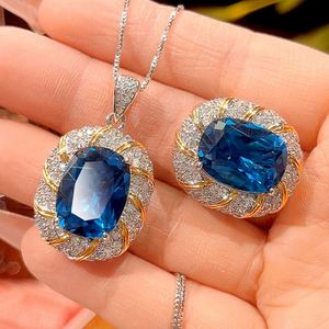 Wholesale Fashion Jewelry Eco-friendly Brass Gold Plated 12*16MM Blue Cubic Zirconia Pendant and Earring Set - Product Image 3