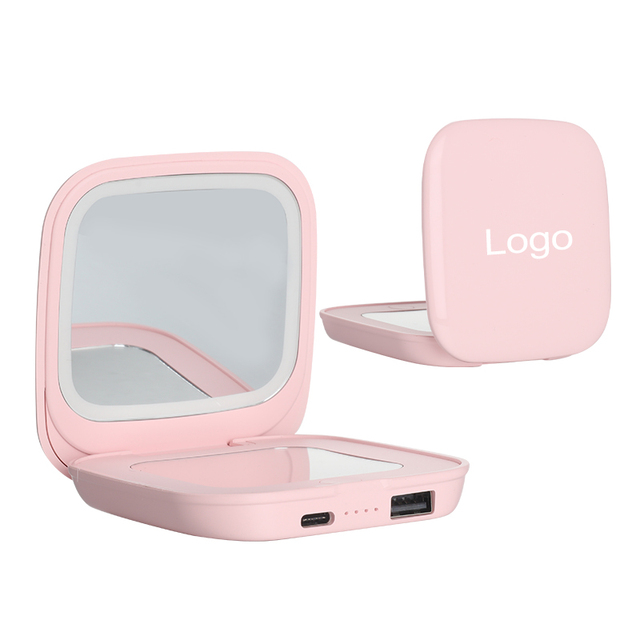 Best New Design Double Sided Square Shape Led Light up Pocket Compact Mirror With Power Bank Function