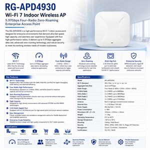 Point d'accès sans fil intérieur Wi-Fi 7 Rui <span class=keywords><strong>Jie</strong></span> RG-APD4930 5,97 Gbit/s à quatre radios, point d'accès d'entreprise sans dérivation - Product Image 1