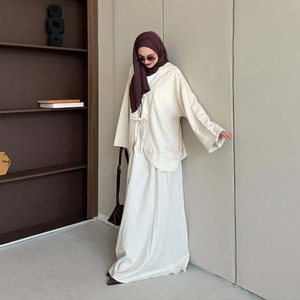 Customized 2026 New Co Ord Set Women Modest <strong>Linen</strong> Look 2 Piece Set Front Tie Cardigan and <strong>Maxi</strong> <strong>Skirt</strong> Muslim Abaya Set - Product Image 4