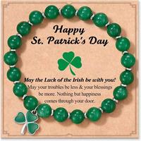 Bracelet perlé tendance pour femme, thème Saint-Patrick, accessoire avec breloque trèfle vert irlandais, bracelet perlé avec carte