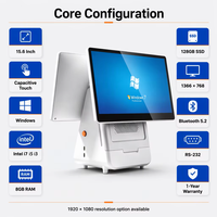 15,6-дюймовая POS-система с Windows 11 Pro, процессором Intel I7/I5/I3, 8 ГБ ОЗУ, 128 ГБ SSD и принтером для ресторанов быстрого питания