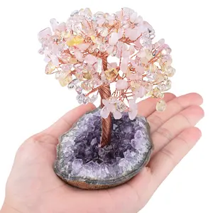 Citrine kristal ağacı gül kuvars taşı cips ametist küme taban Bonsai kaya kristal para ağacı servet ve şans