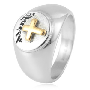 yunnique Men's <b>Titanium</b> Steel Cross <b>Ring</b> Two Tone Design Geometric Pattern Gift Jewelry - Product Image 1